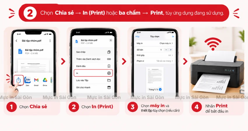 Bước 2: Nhấn nút "Chia sẻ / Ba chấm (tùy từng điện thoại)" trước khi in